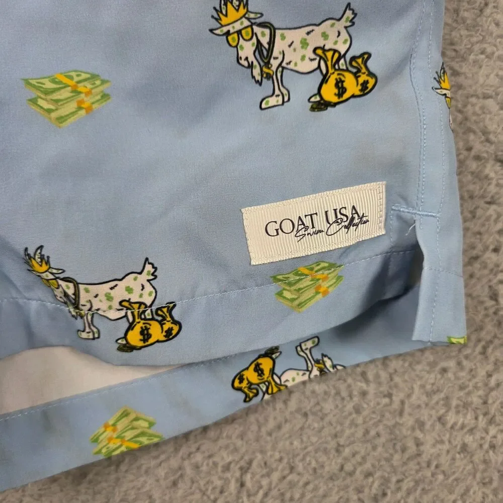 GOAT USA Boys Lined Swim Trunks Money Goat Print Blue Youth XL